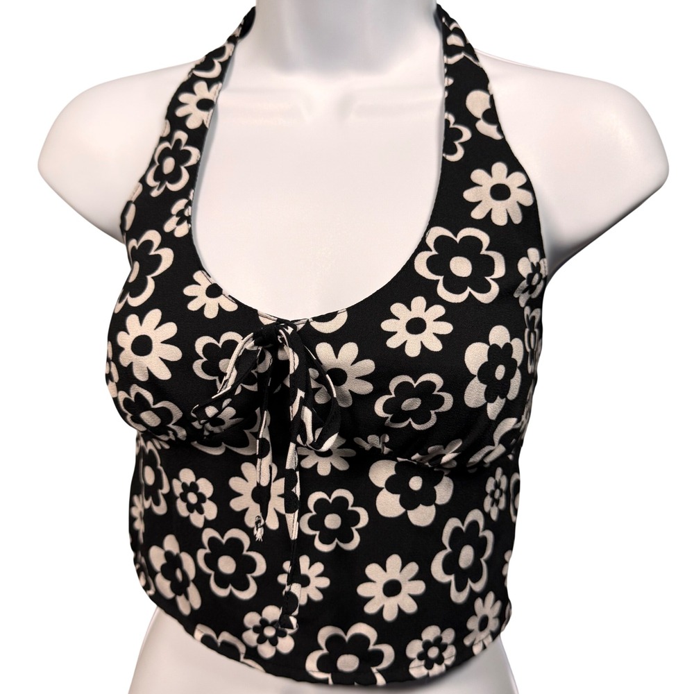 Hollister Halter Top Daisy Small Floral Tie Front Smocked Crop Festival Y2K 90s